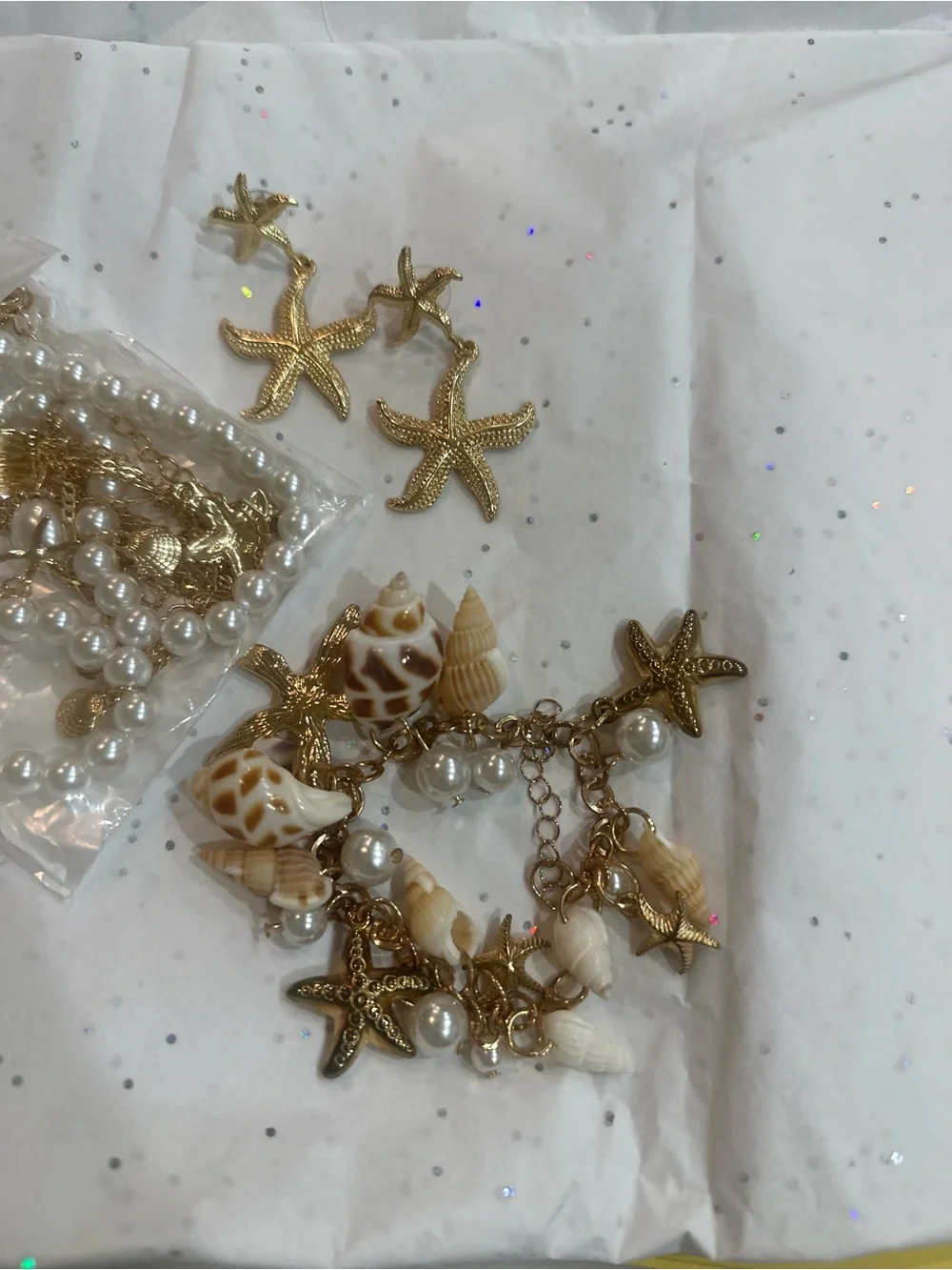 Gold Starfish & Shell Charm Bracelet , necklace and earrings s- Women Accessorie